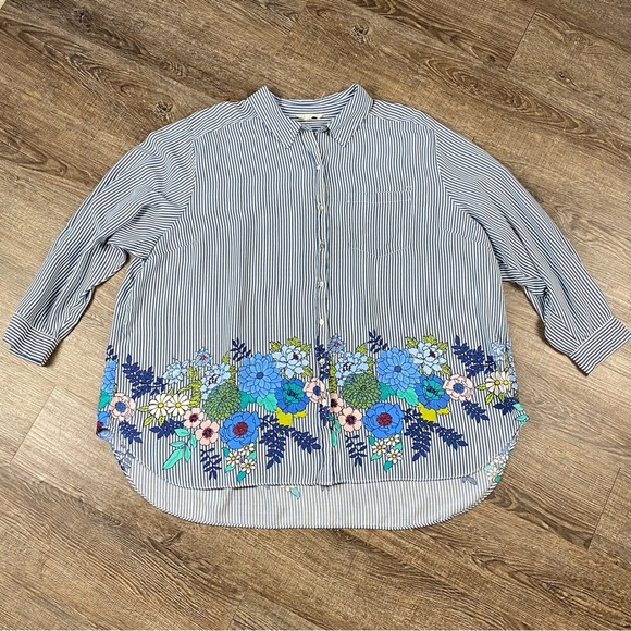 Jane and Delancey Shirt Women 3X Blue White Striped Floral Button Front Rayon - Picture 1 of 10